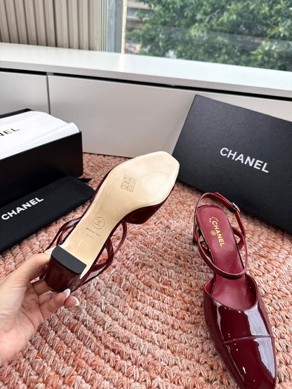 CHANEL 26S SQUARE TOE HIGH HEELS SLINGBACKS IN RED CALFSKIN