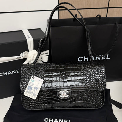 Chanel 2026 Crocodile-embossed Bag 32cm Black Leather Silver Hardware