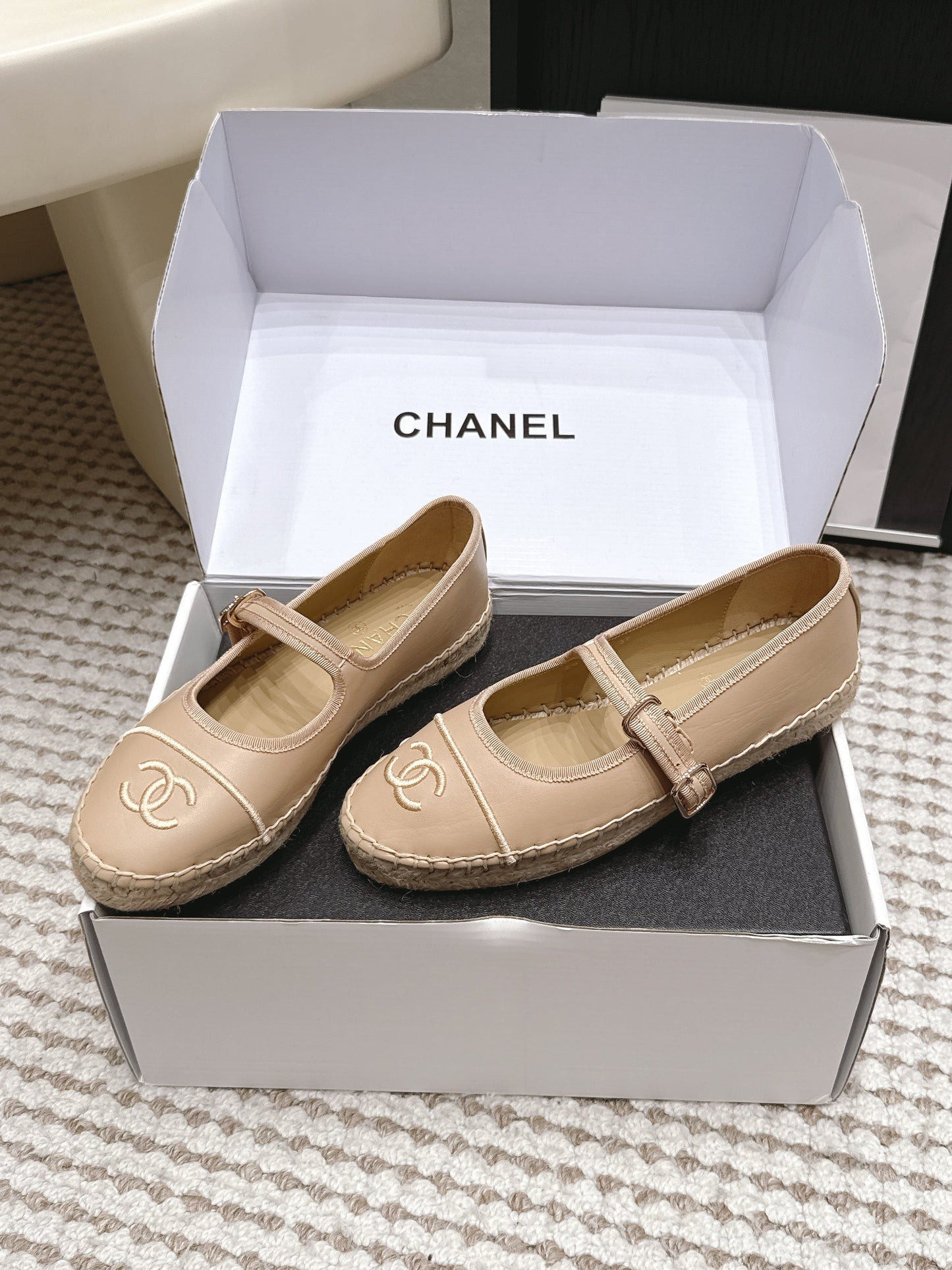 CHANEL 26S MARY JANE FLATS IN BEIGE LAMBSKIN ESPADRILLE SOLE
