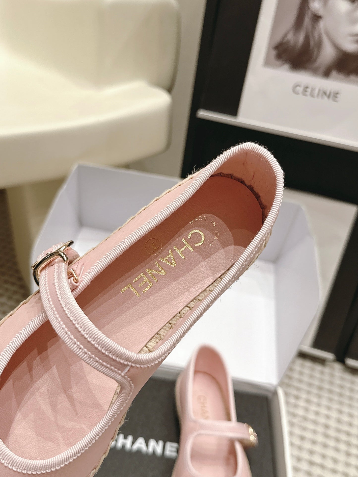 CHANEL 26S MARY JANE FLATS IN LIGHT PINK LAMBSKIN ESPADRILLE SOLE