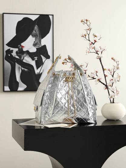 Chanel 2026 Hobo Bag 40cm Silver and Gold Mettalic Leather