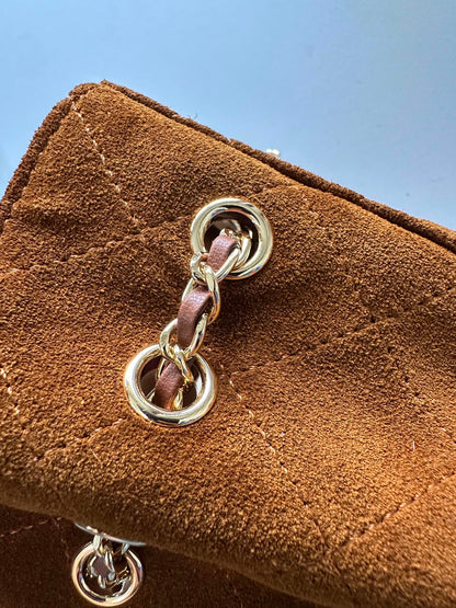 CHANEL 26S MINI BUCKET BAG 18 IN CARAMEL BROWN QUILTED SUEDE GOLD HARDWARE