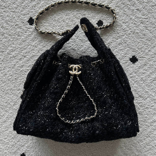 2026 Hobo Bag Black Cotton And Wool Tweed
