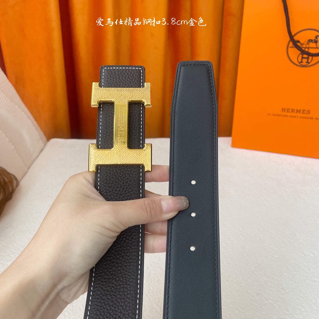Gold Buckle H Belt 38mm Black Brown Calfskin 187185
