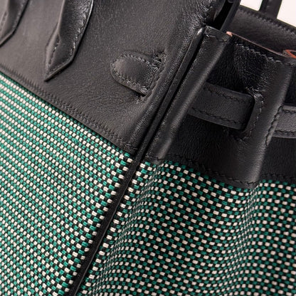 Birkin 25cm Black Swift Cowhide With Waffe Forest Green Canvas Fabric Shw 249987
