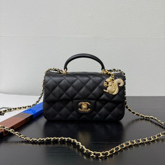 2026 Top Handle Flap Bag 20cm with Squirrel Charm Black Calfskin