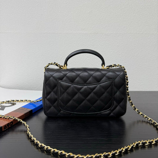 2026 Top Handle Flap Bag 20cm with Squirrel Charm Black Calfskin