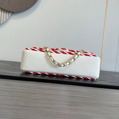 2026 Classic 11.12 Bag 25.5cm White Red Woven Leather