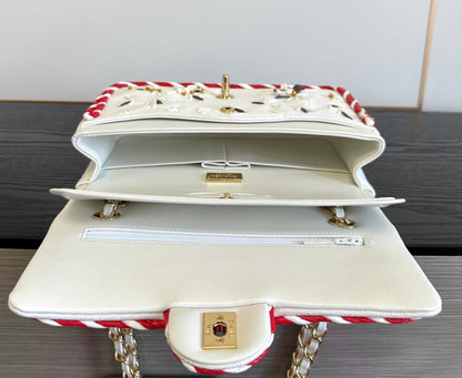 2026 Classic 11.12 Bag 25.5cm White Red Woven Leather
