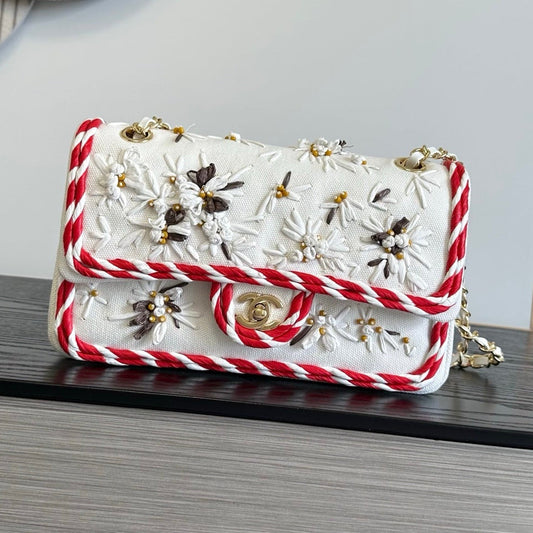 2026 Classic 11.12 Bag 25.5cm White Red Woven Leather