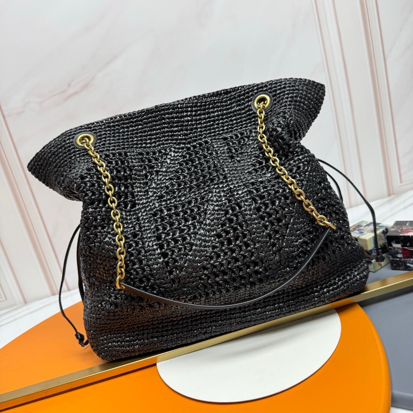 YSL 2026 Jamie Shopping Raffia Handbag 35cm Black Woven