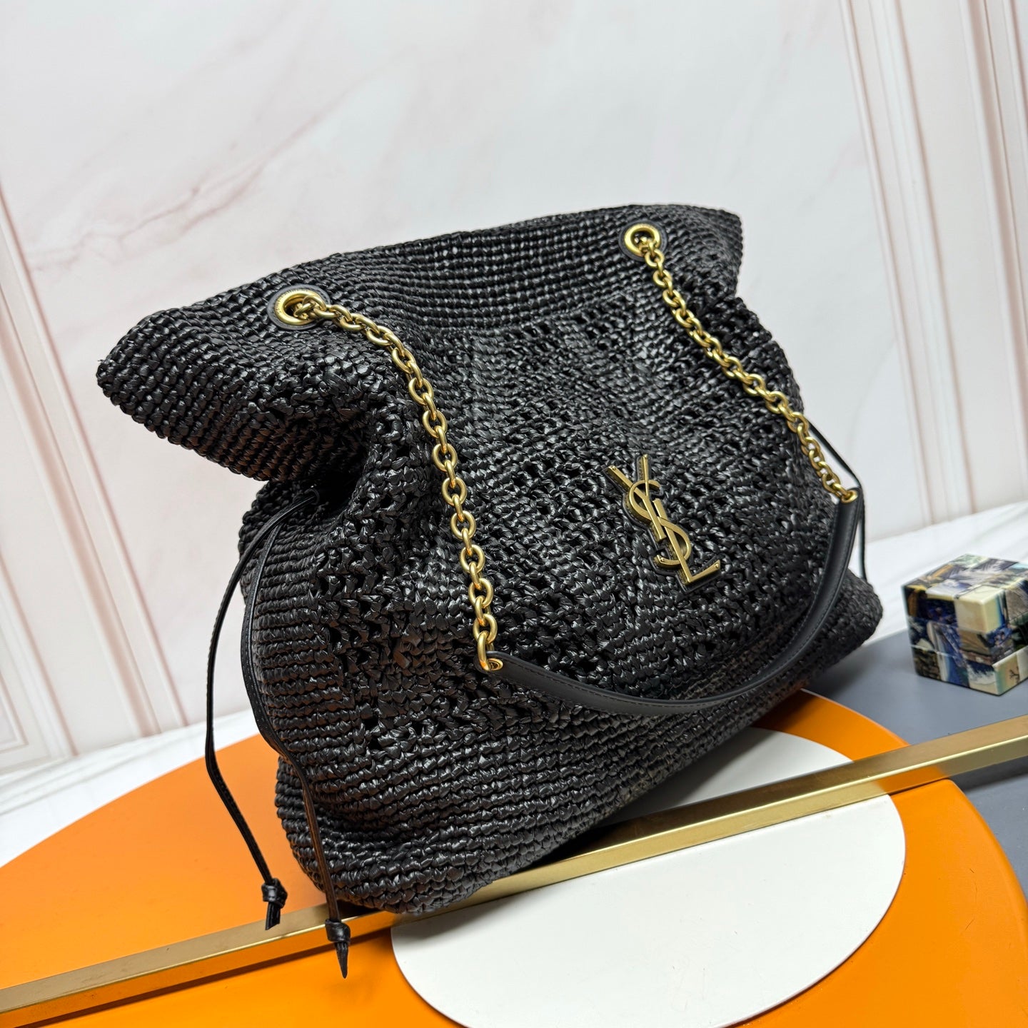 YSL 2026 Jamie Shopping Raffia Handbag 35cm Black Woven