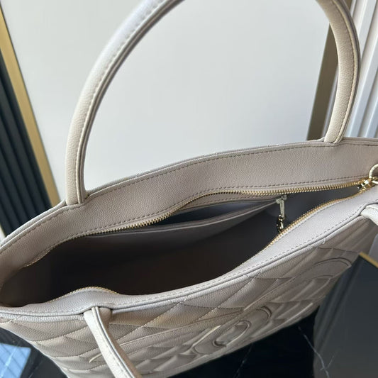 2026 Medallion Tote Bag 30cm Light Grey Caviar Cowhide