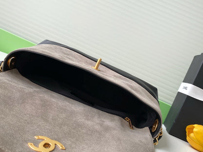 25A Flap Bag 29cm Grey Suede Black Calfskin
