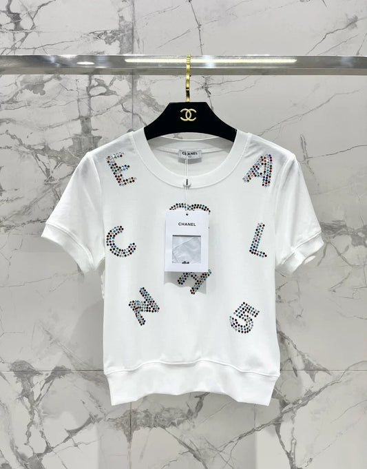 Colorful Rhinestone Letter T-Shirt