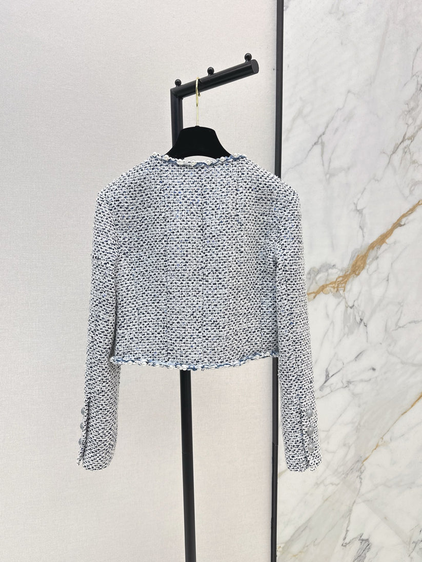 Pearl-Embellished Cropped Tweed Jacket