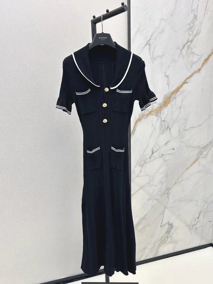 Chic Gold Button Ribbed Knit Dress
