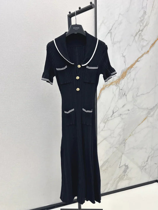 Chic Gold Button Ribbed Knit Dress