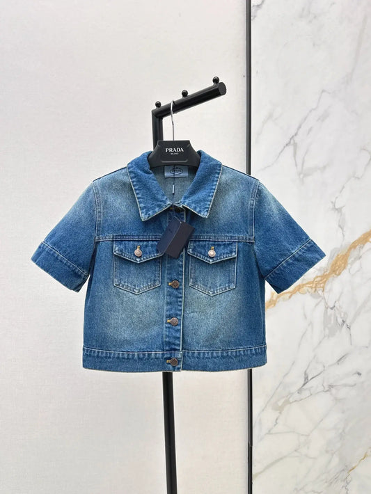 Classic Cropped Button-Front Denim Top