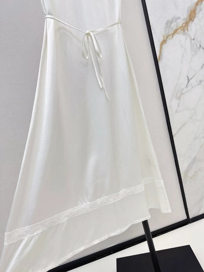 Lace-Trimmed Satin-Finish Short Sleeve Dress