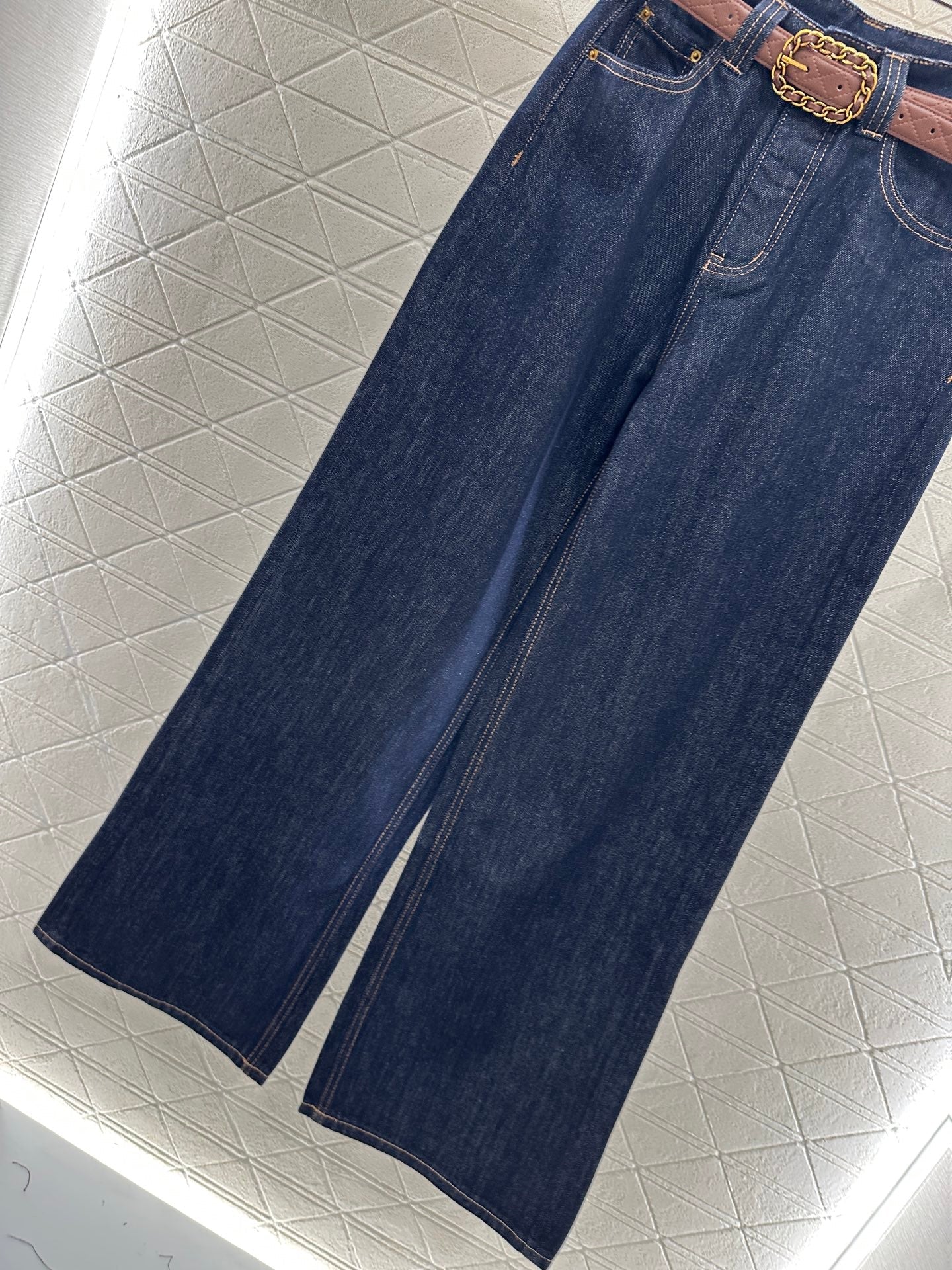 25fw Belted denim straight-leg trousers