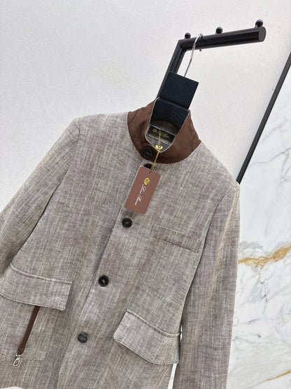25fw new linen blend stand collar jacket