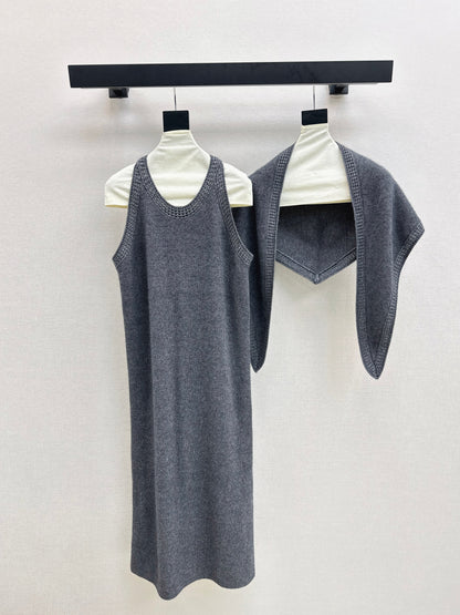 25fw new round neck wool dress with matching shawl