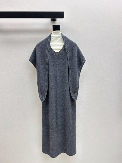 25fw new round neck wool dress with matching shawl