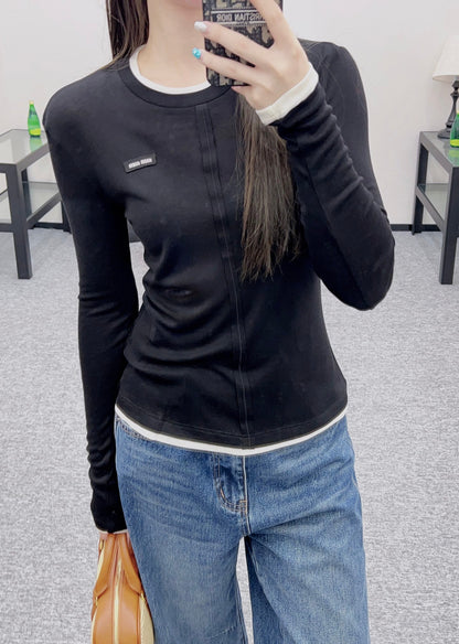 25 Fake two-piece round neck long sleeves
