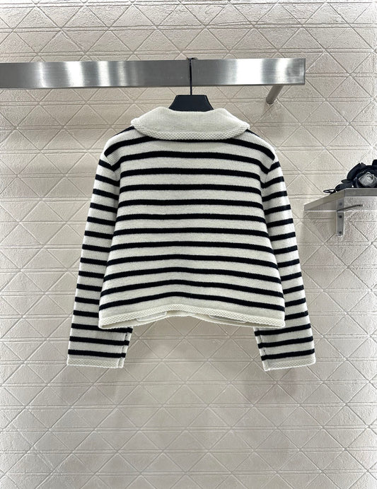 25 Collar Knitted Wool Blended Striped Cardigan