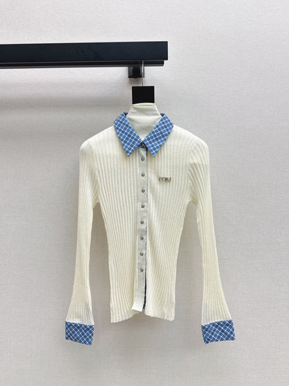 25 New plaid stitching fake two-piece sweater(WHITE/BLACK)