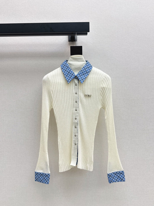 25 New plaid stitching fake two-piece sweater(WHITE/BLACK)
