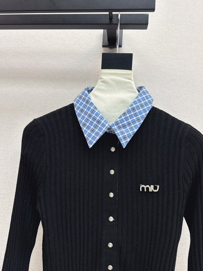 25 New plaid stitching fake two-piece sweater(WHITE/BLACK)