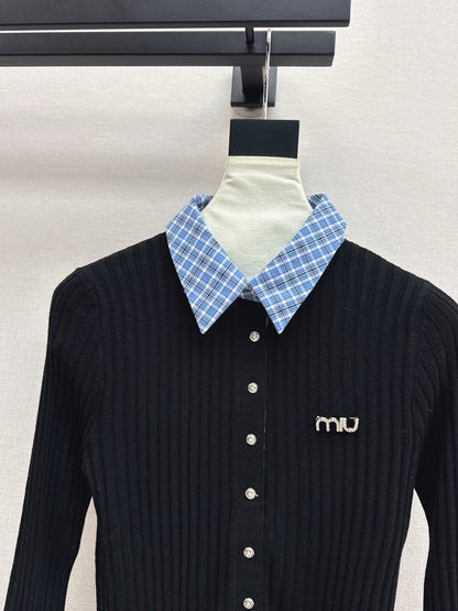 25fw new plaid fake two-piece knitted long sleeves
