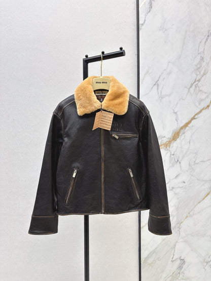 25 New fur collar motorcycle jacket sheepskin jacket(KHAKI/BLACK)