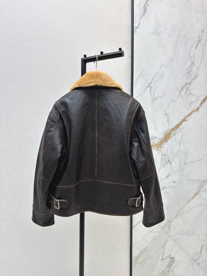 25 New fur collar motorcycle jacket sheepskin jacket(KHAKI/BLACK)
