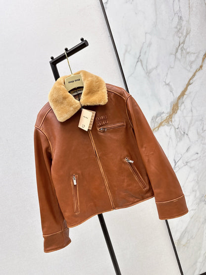 25 New fur collar motorcycle jacket sheepskin jacket(KHAKI/BLACK)
