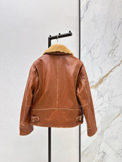 25 New fur collar motorcycle jacket sheepskin jacket(KHAKI/BLACK)