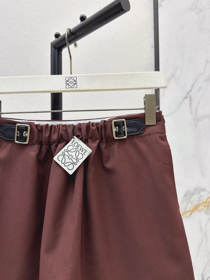 25 New leather buckle elastic pleated high waist skirt(wine red/BLACK)