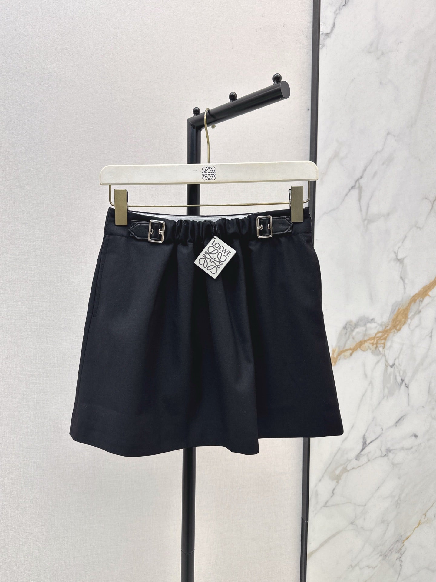 25 New leather buckle elastic pleated high waist skirt(wine red/BLACK)