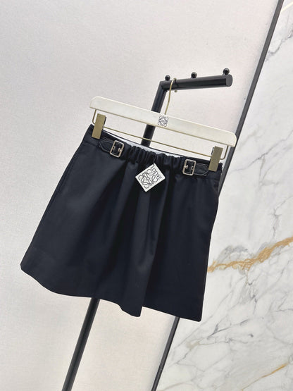 25 New leather buckle elastic pleated high waist skirt(wine red/BLACK)