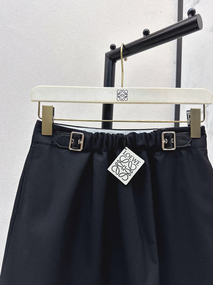 25 New leather buckle elastic pleated high waist skirt(wine red/BLACK)