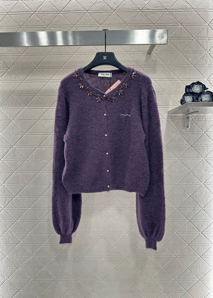 Rhinestone Beaded Knit wool Cardigan
