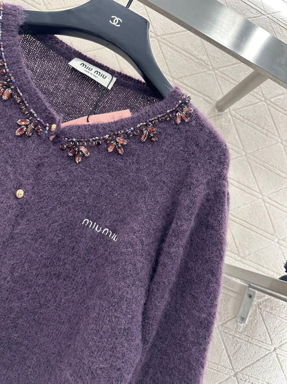 Rhinestone Beaded Knit wool Cardigan