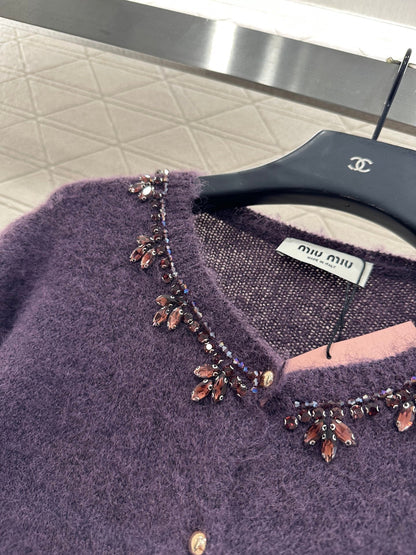 Rhinestone Beaded Knit wool Cardigan