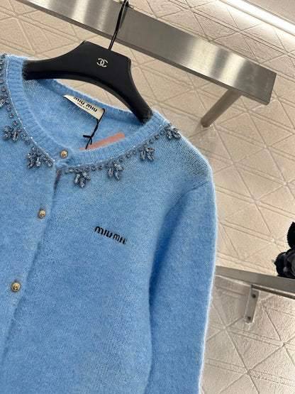 Rhinestone Beaded Knit wool Cardigan