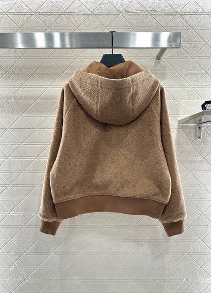 Hooded drawstring lambhair zipper jacket