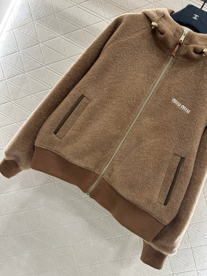 Hooded drawstring lambhair zipper jacket