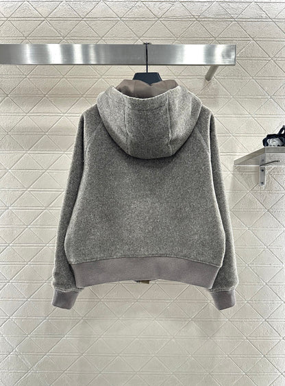 Hooded drawstring lambhair zipper jacket