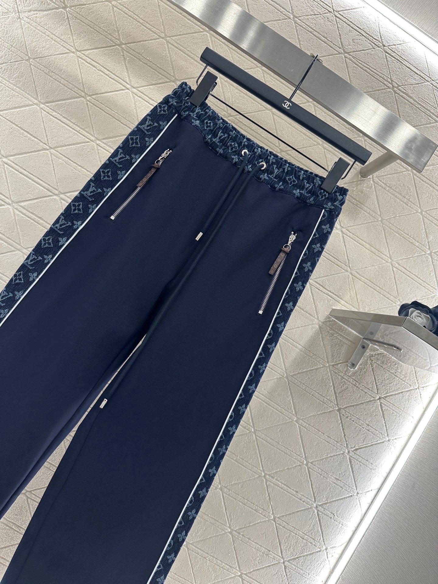Jacquard denim straight leg pants